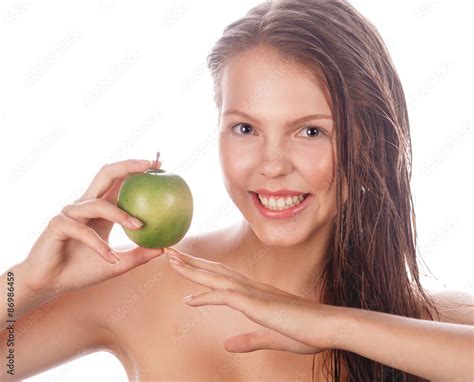 Teen Girl With Nude Makeup Holding Green Apple Stock Photo Adobe Stock