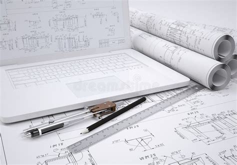 Technische Konstruktionszeichnungen Und Laptop Der Rollen Stockfoto