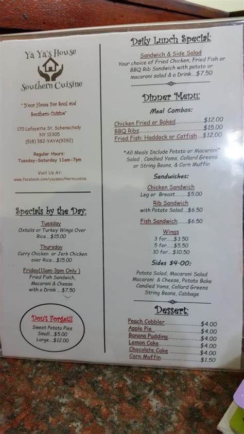 Menu At Ya Ya S House Southern Cuisine Restaurant Schenectady