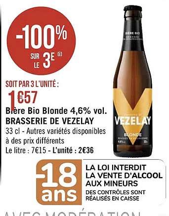 Promo Bière Bio Blonde 4 6 Vol Brasserie De Vezelay chez Supermarchés iCatalogue fr