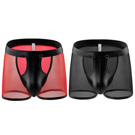 Mens Boxer Mesh Lingerie Low Rise Briefs Pu Leather Underwear Underpants Sexy Ebay