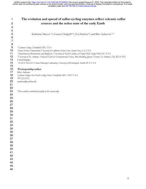 PDF The Evolution And Spread Of Sulfur Cycling Enzymes Reflect