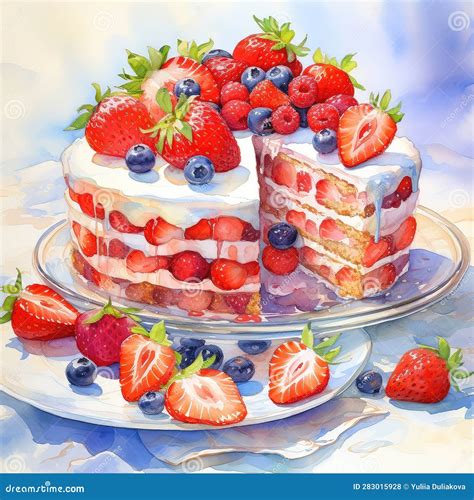 Watercolor Homemade Naked Layered Vanilla Cake With Whipped Cream And Fresh Berries On Top On A