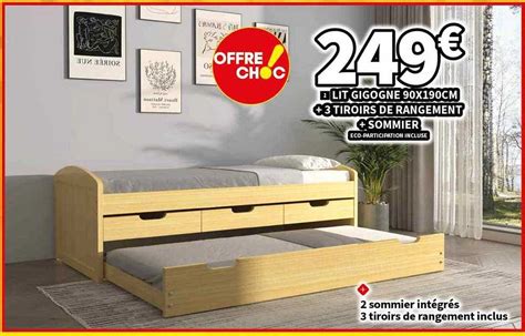 Promo Lit Gigogne 90 X 190 Cm 3 Tiroirs De Rangement Sommier Chez