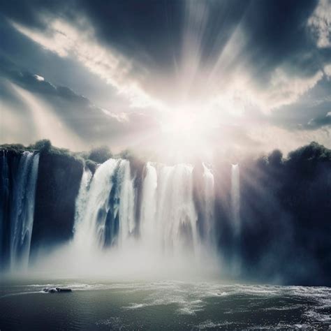 Premium Photo A Waterfall With The Sun Shining Through The Clouds