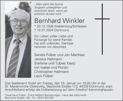 Traueranzeigen Von Bernhard Winkler Trauer In NRW De