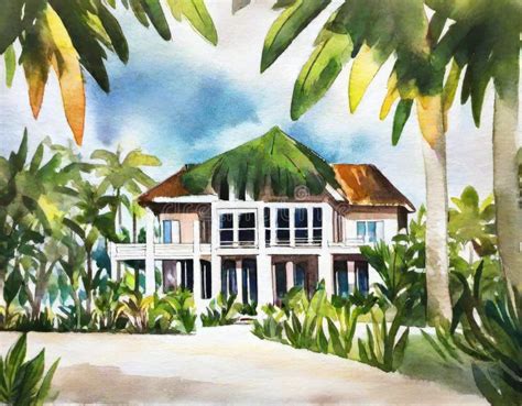 Watercolor of Luxury Beach House Stock Illustration - Illustration of ...