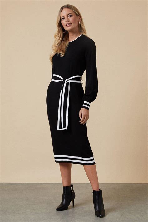 Dresses Petite Tipped Belted Knitted Dress Wallis