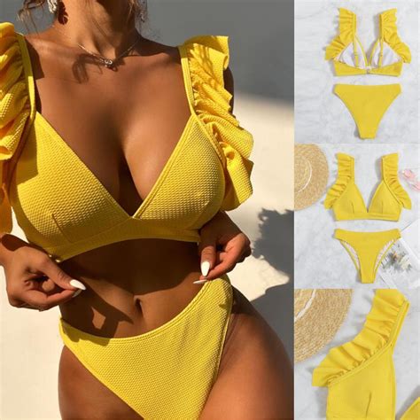Tejiojio Summmer Split Swimsuits Women S Sexy Solid Color Hawaii Bikini Ruffles Swimsuit