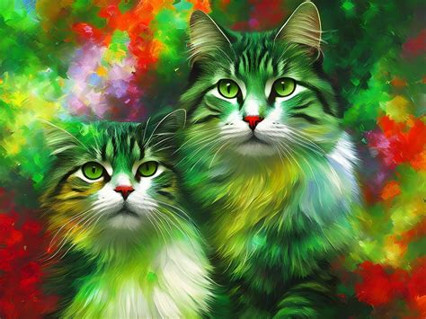 vibrant green cats psychedelic feline art  cat lovers digital art