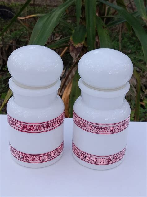 Vintage White Milk Glass Apothecary Jars Made In Belgium Bubble Top Red Graphics Pair Etsy