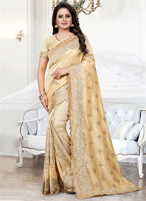 Buy Beige Embroidered Art Silk Saree Embroidered Sari Online Shopping