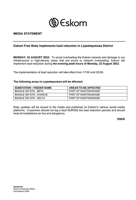 Eskom Hld SOC Ltd On Twitter Load Reduction Notice Date 22 August