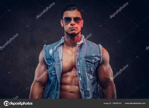 Sexy Naked Fashionable Athletic Man Denim Vest Sunglasses Poses Studio Stock Photo By Fxquadro