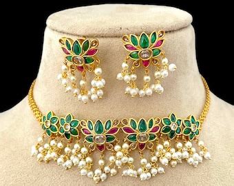 Kundan Embellished Jute Necklace Handmade Dual Tone Jute Etsy