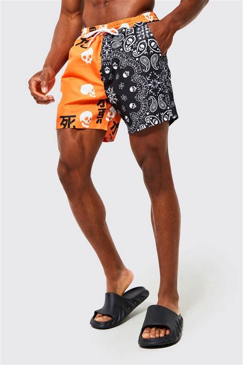 Men S Mid Length Skull Spliced Swim Shorts Boohoo Uk