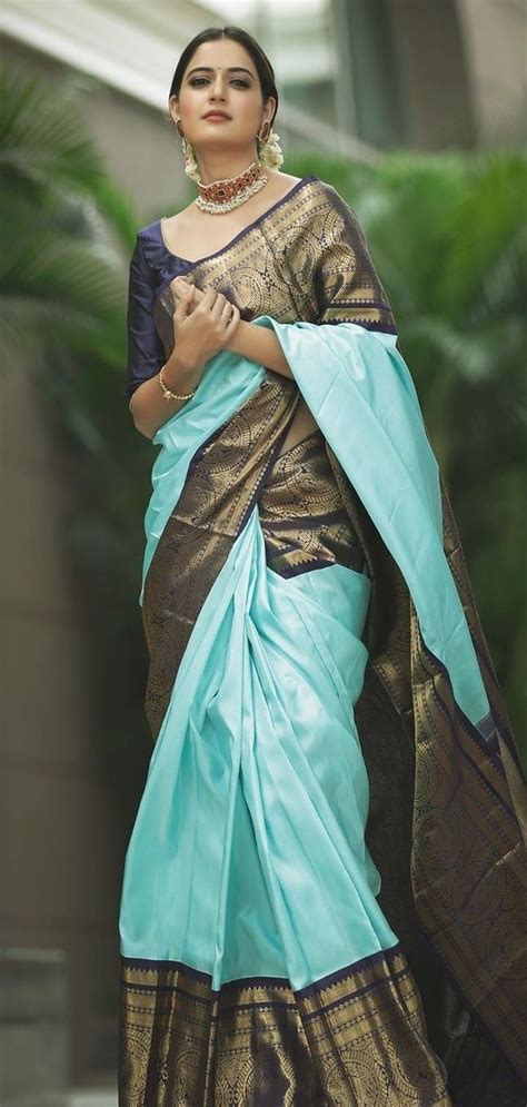 In A Light Blue Color Pattu Kanjeevaram Saree Dark Blue Color Elbow