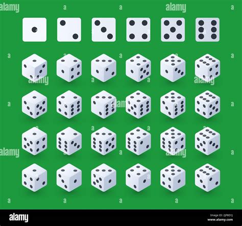 Game dice. Cartoon white playing cubes turn different faces, black dots ...