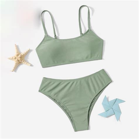 Girls Two Piece Swimsuit Bikini Set High Waist Wireless Bikini Set Criss Cross Tankini Solid