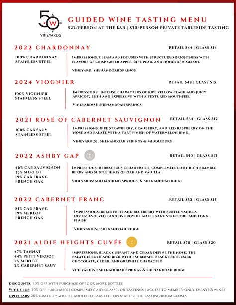 50 West Winery and Vineyard - Menus - Wine Tasting Menu