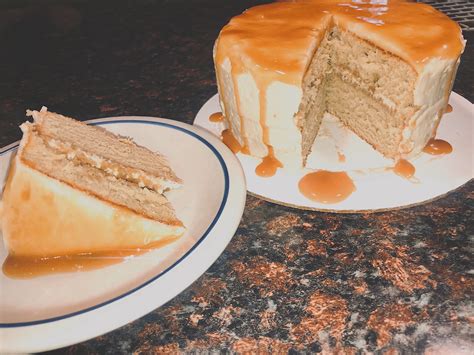 Caramel latte cake. [Coffee infused cake w/ caramel buttercream