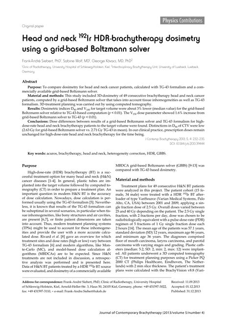 (PDF) Head and neck 192Ir HDR-brachytherapy dosimetry using a grid ...