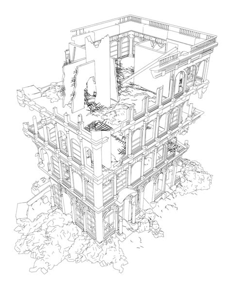 Isometric Vector Illustration Of Destroyed Buildings Contour Structure