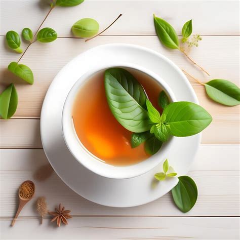 Premium Photo Ceramic Cup Of Brewed Tea Fresh Green Leaves And Dried