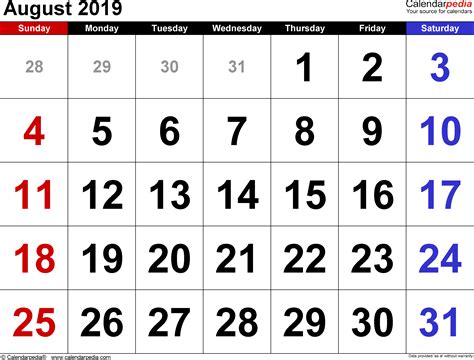 August 2019 Calendar Templates For Word Excel And Pdf