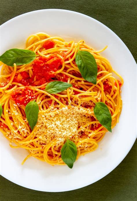 Pasta Spaghetti With Tomatoes Basil And Parmesan Cheese Italian