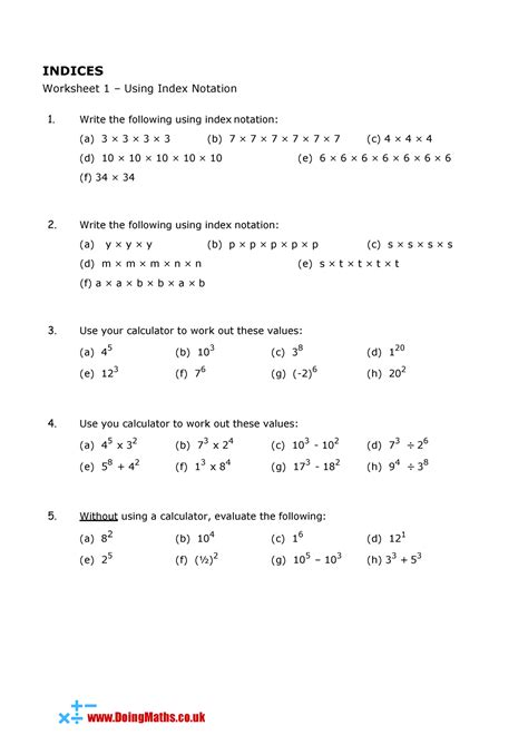 Indices Worksheet Introd Indices Worksheet 1 Using Index Notation 2