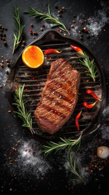 Premium Ai Image Beefsteak With Spices And Grill Skillet On Stone Ai