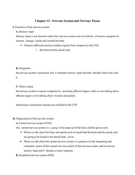 Chapter 13 Notes Chapter 13 Nervous System And Nervous Tissue I