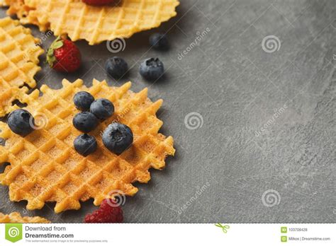 Round Belgium Waffles With Berries Stock Photo Image Of Crispy Round