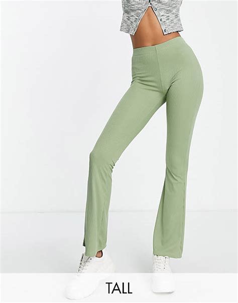 Topshop Tall Skinny Ribbed Flared Trouser In Sage Asos