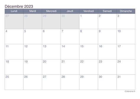 Calendrier décembre 2023 à imprimer