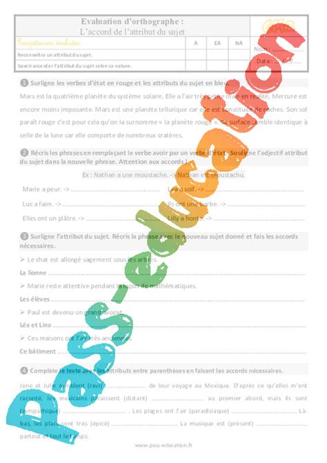 Laccord De Lattribut Du Sujet Cm Valuation Bilan Avec Les