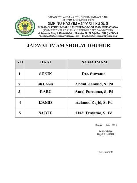 Jadwal Imam Sholat Dhuhur Pdf