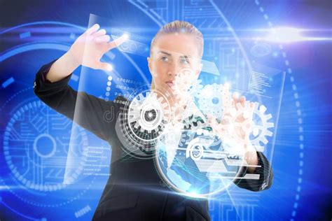 Blonde Businesswoman Touching Interface With Earth Stock Photo Image