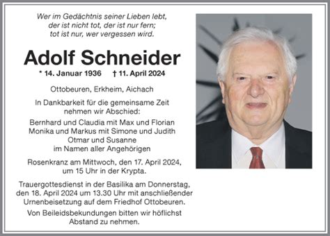 Traueranzeigen Von Adolf Schneider Allg Uer Zeitung