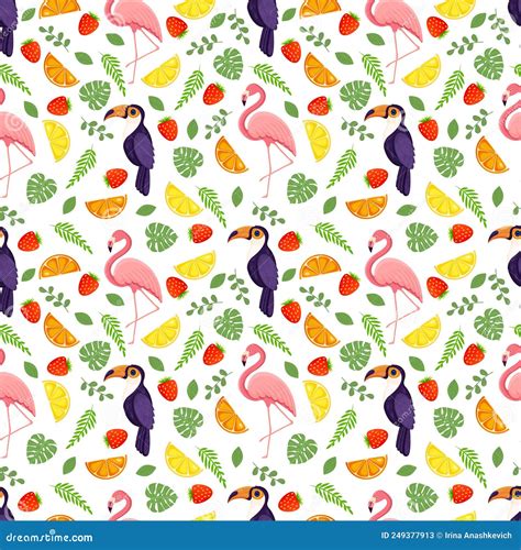 Seamless Texture With Tropical Bird Toucan Flamingos Leaves Berries