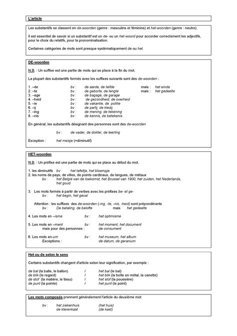 N Erlandais Synth Se L Article Les Substantifs Se Classent En De