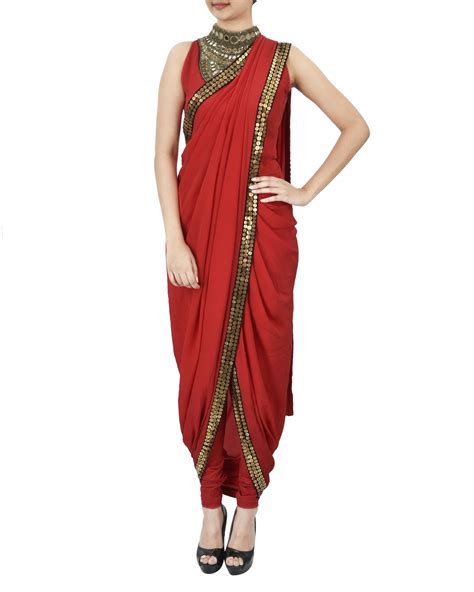 Red pre draped saree by ROSHNI CHOPRA | The Secret Label