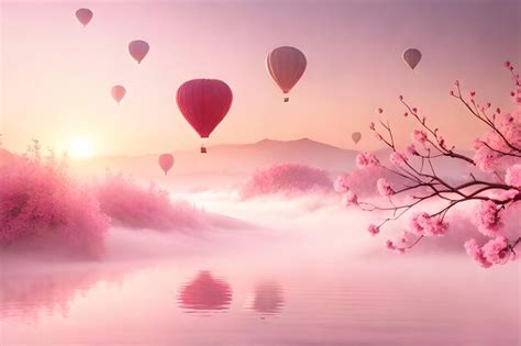 Premium Photo Pink Hot Air Balloons Floating On A Lake With A Pink Background