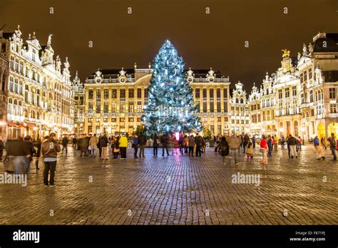 Christmas time in Brussels, Belgium, huge Christmas tree on the Grand Place, with illuminated ...