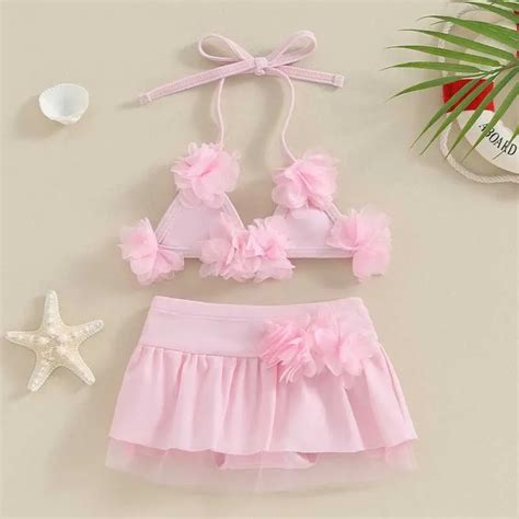 Baby Girl Halter Neck Twinset Bikini With D Flower Tie Up Top And Elastic Waist Shorts