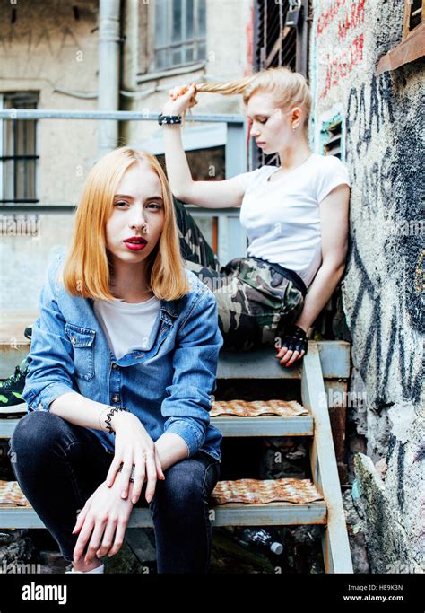 Two Blonde Real Teenage Girl Hanging Out At Summer Together Best Friends Lifestyle People