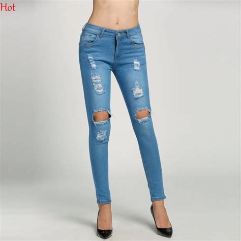 Fashion Women Jeans Ripped Denim Pants Hole Skinny Slim Stretch Slim