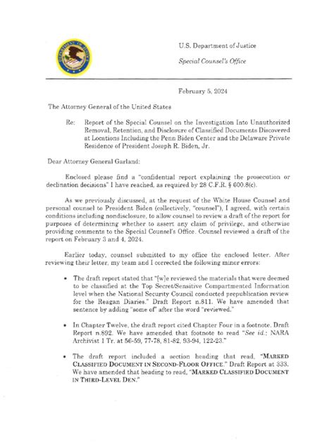 Report From Special Counsel Robert K Hur February 2024 Pdf