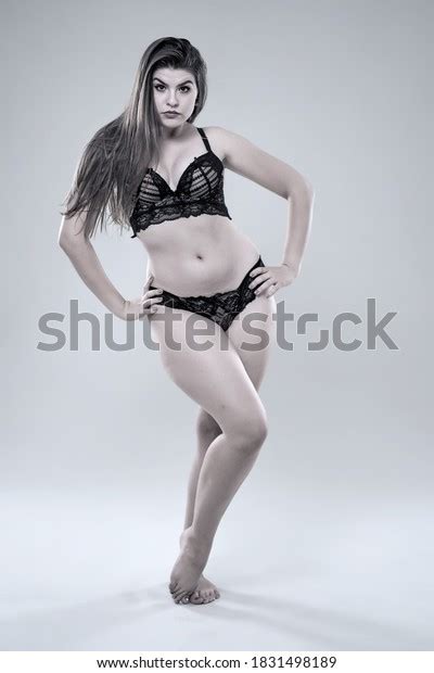 Plus Size Glamour Model Black Lingerie Stock Photo